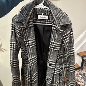 Calvin Klein Women's Gray/black belted + hooded Plaid Trench type Coat